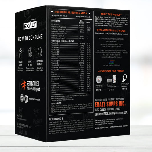 Exalt CarniBurn Shots 4200mg L-Carnitine Orange Flavor | 30 Servings | Fat Metabolism & Energy Support | Ready-to-Drink