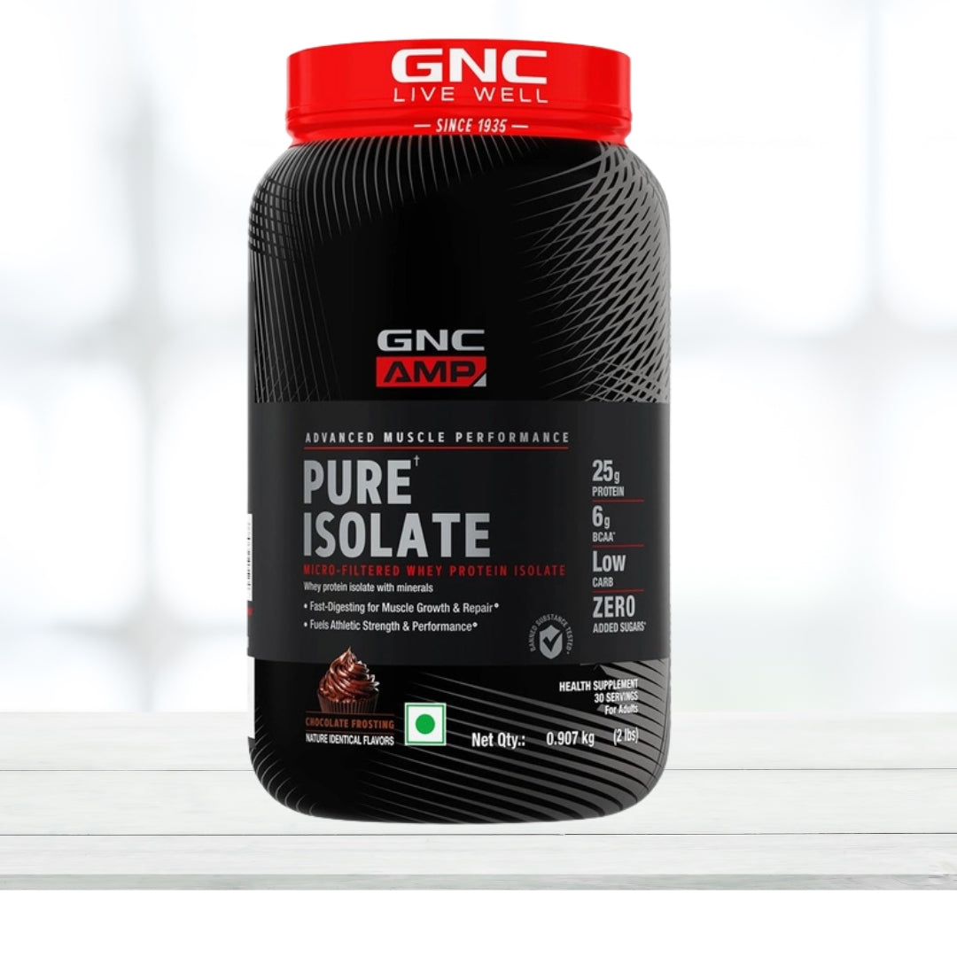 GNC AMP Pure Isolate Zero Carb Whey Protein Powder 2 lbs (30 Servings) | 25g Protein | Zero Carb | DigeZyme Digestive Enzymes | Chocolate Frosting - The Muscle Kart.com