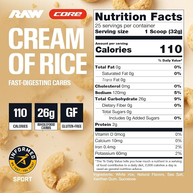 RAW Nutrition Cream of Rice Honey Nut Cereal 800g – 26g Carbohydrates, Zero Sugar, Gluten-Free Vegan Pre & Post Workout Food