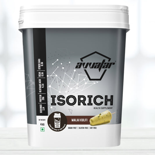 AVVATAR Isorich Whey Protein Isolate 4kg | Malai Kulfi Flavour | 27g Protein | Made with 100% Fresh Cow's Milk | Fast Absorption | Muscle Recovery