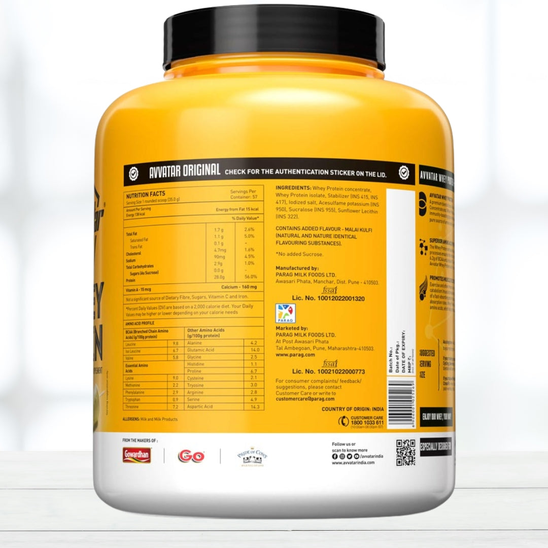 AVVATAR WHEY PROTEIN | 2 KG | Malai Kulfi Flavour | Made With 100% Fresh Cow's Milk - The Muscle Kart.com