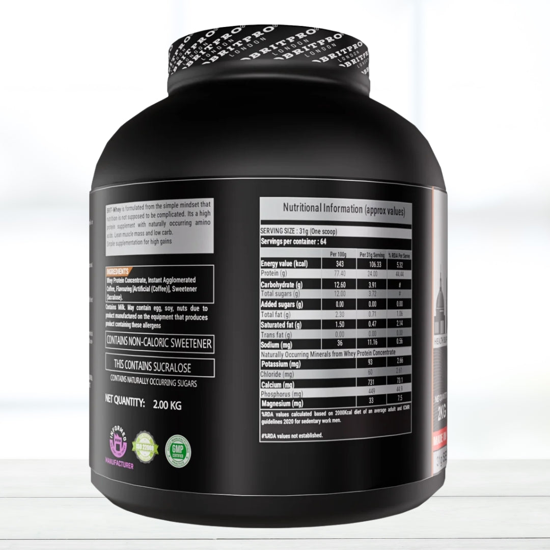 BRITPRO London BRIT Whey Protein Powder 2kg | Coffee Flavor | 64 Servings | High Protein for Muscle Growth & Recovery