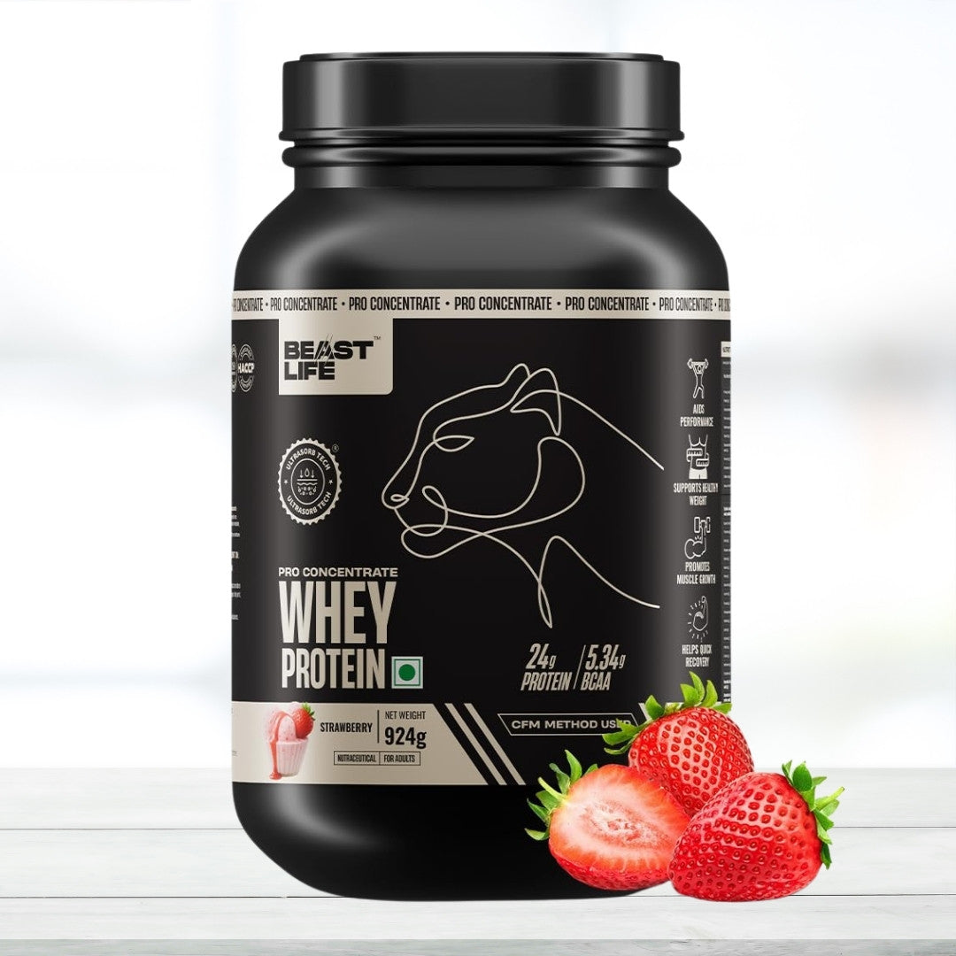 Beast Life Pro Concentrate Whey Protein Powder with Ultrasorb Tech, 924g | High Protein Supplement for Muscle Growth & Recovery | Strawberry Flavor - The Muscle Kart.com