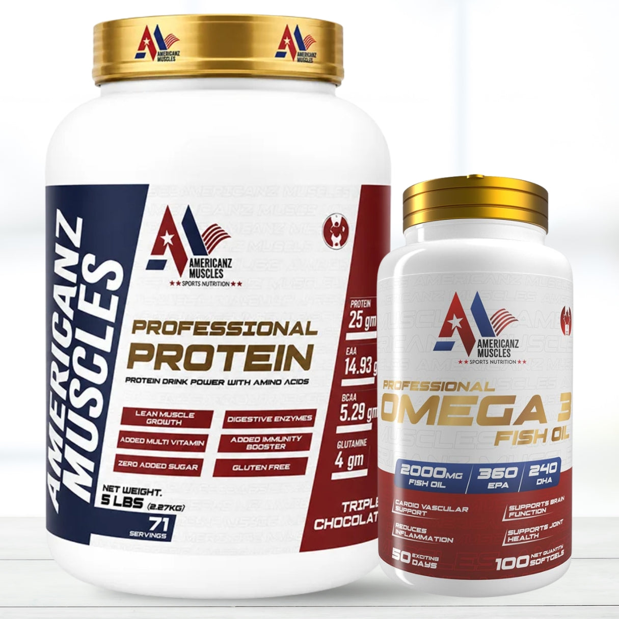 COMBO Americanz Muscles Professional Protein 5 lb Chocolate + Omega-3 100 Tablets Combo Pack
