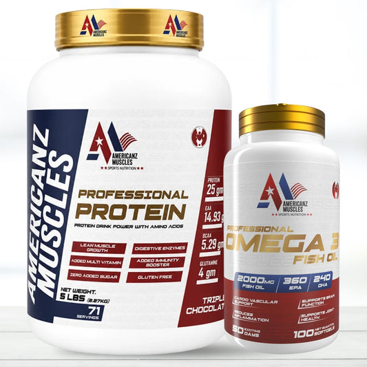 COMBO Americanz Muscles Professional Protein 5 lb Chocolate + Omega-3 100 Tablets Combo Pack