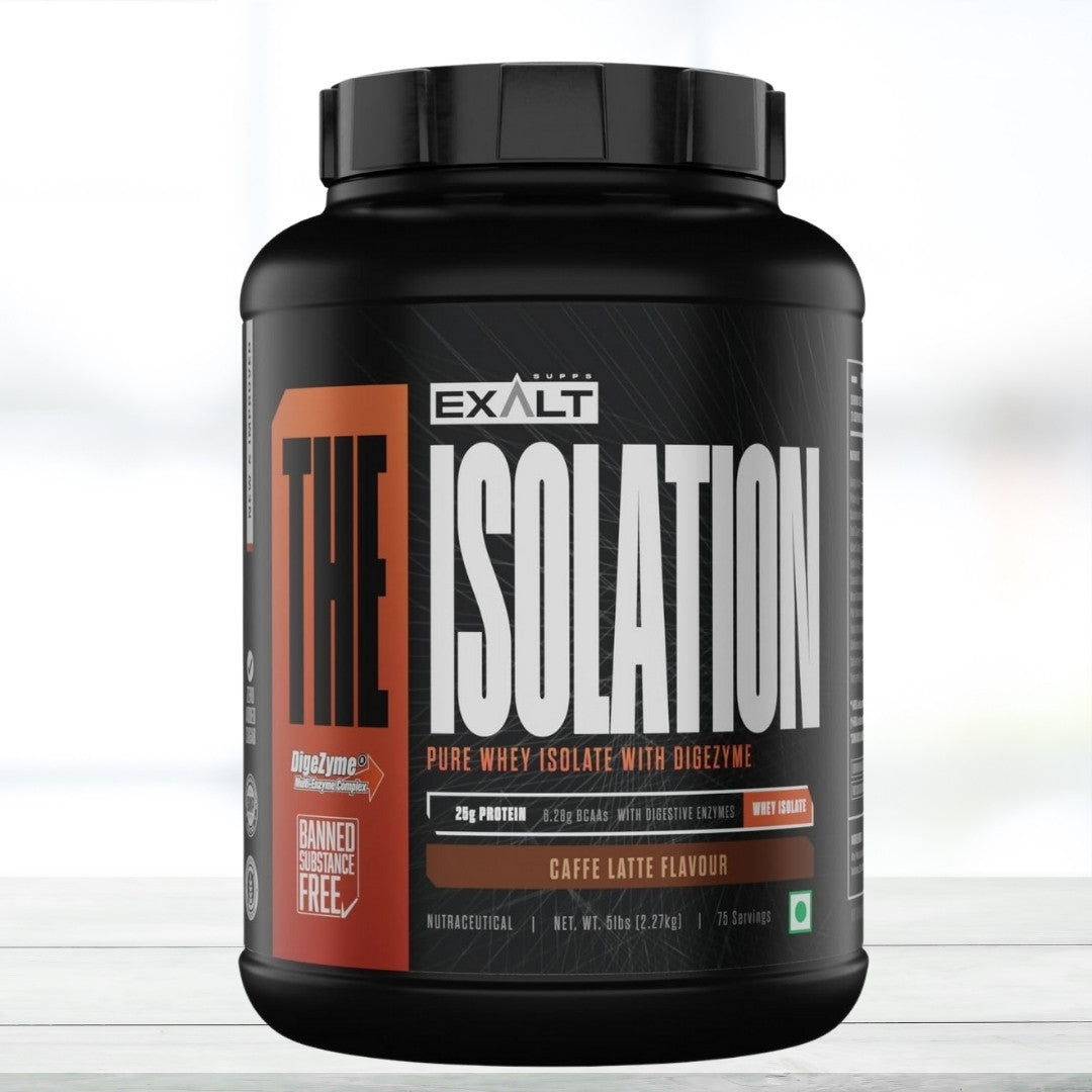 Exalt Supps The Isolation 100% Whey Protein Isolate with Digestive Enzymes | 25g Protein & 5.6g BCAAs per Serving | Zero Added Sugar | Caffe latte Flavor | 2.27 kg - The Muscle Kart.com