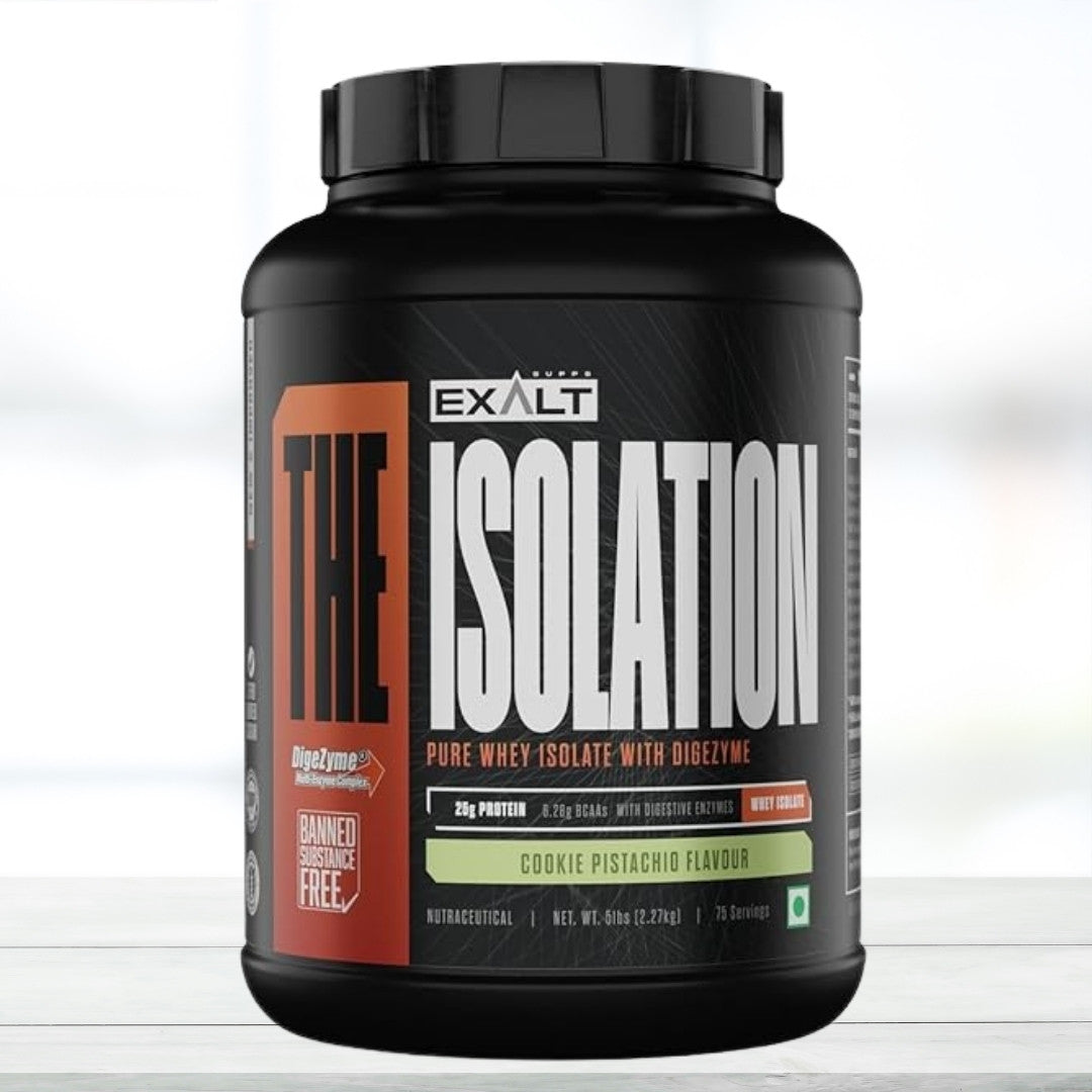 Exalt Supps The Isolation 100% Whey Protein Isolate with Digestive Enzymes | 25g Protein & 5.6g BCAAs per Serving | Zero Added Sugar | Cookies Pista Flavor | 2.27 kg - The Muscle Kart.com