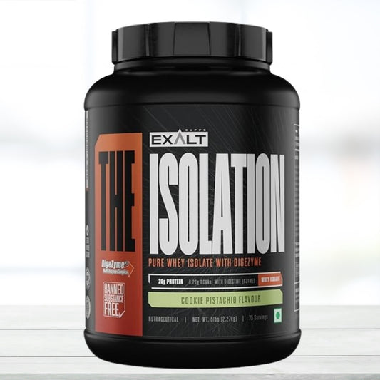 Exalt Supps The Isolation 100% Whey Protein Isolate with Digestive Enzymes | 25g Protein & 5.6g BCAAs per Serving | Zero Added Sugar | Cookies Pista Flavor | 2.27 kg - The Muscle Kart.com