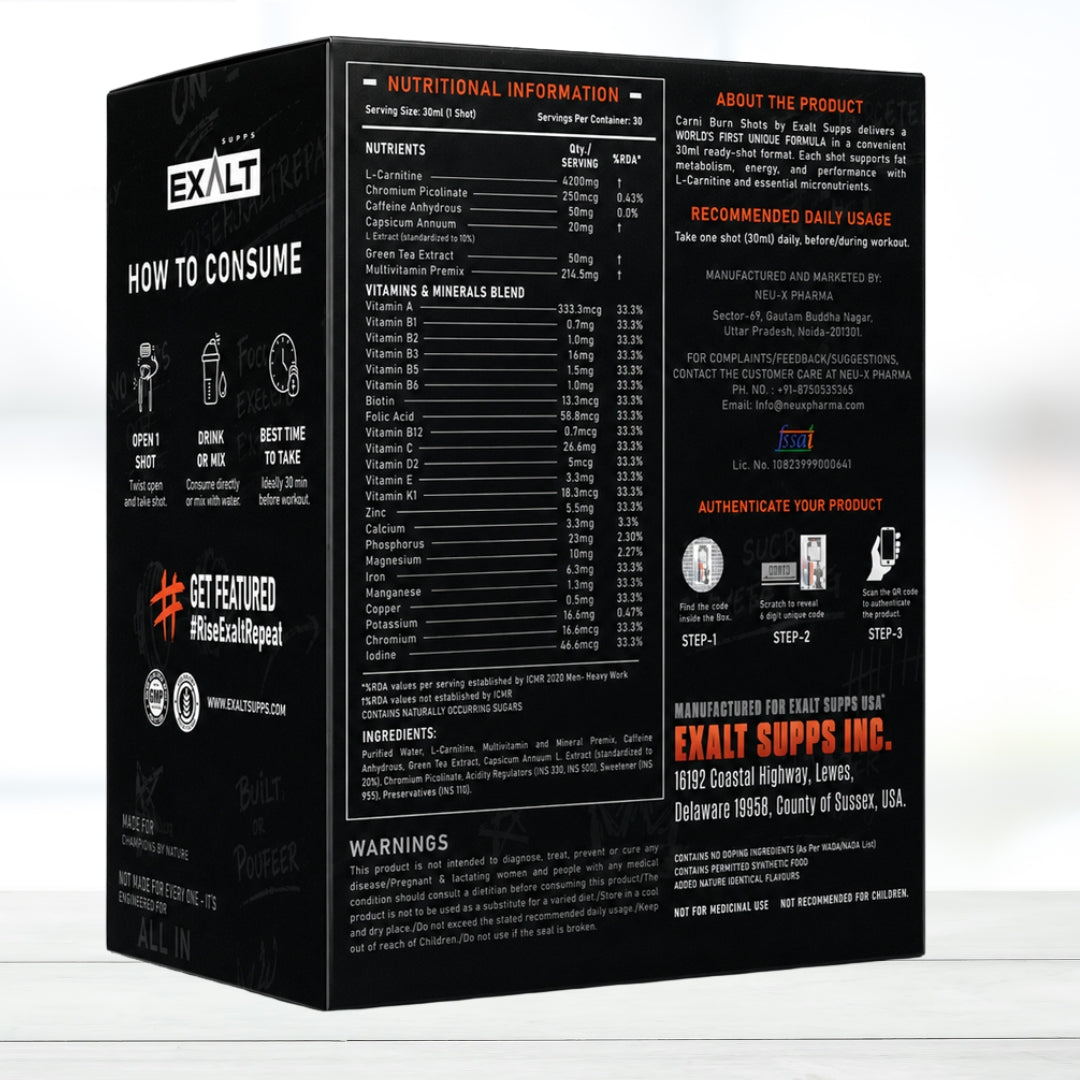 Exalt CarniBurn Shots 4200mg L-Carnitine Orange Flavor | 30 Servings | Fat Metabolism & Energy Support | Ready-to-Drink