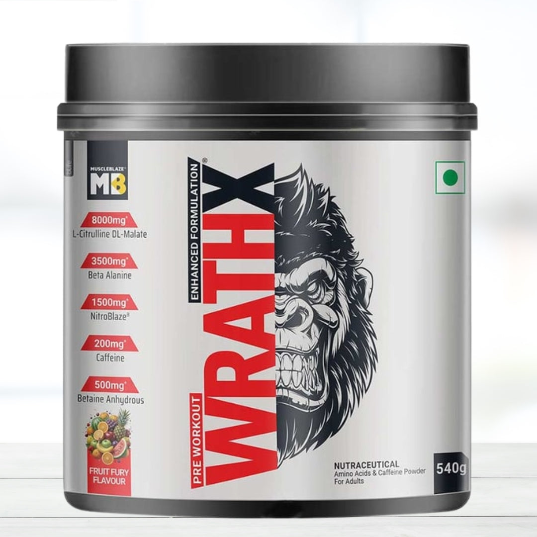 MuscleBlaze Pre Workout WrathX Fruit Fury | 30 Servings | Energy, Focus, Endurance & Muscle Pump | Pre-Workout Supplement
