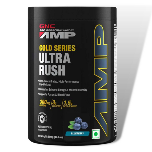 GNC Pro Performance AMP Gold Series Ultra Rush Pre Work Out 32 Serving Blueberry Flavor