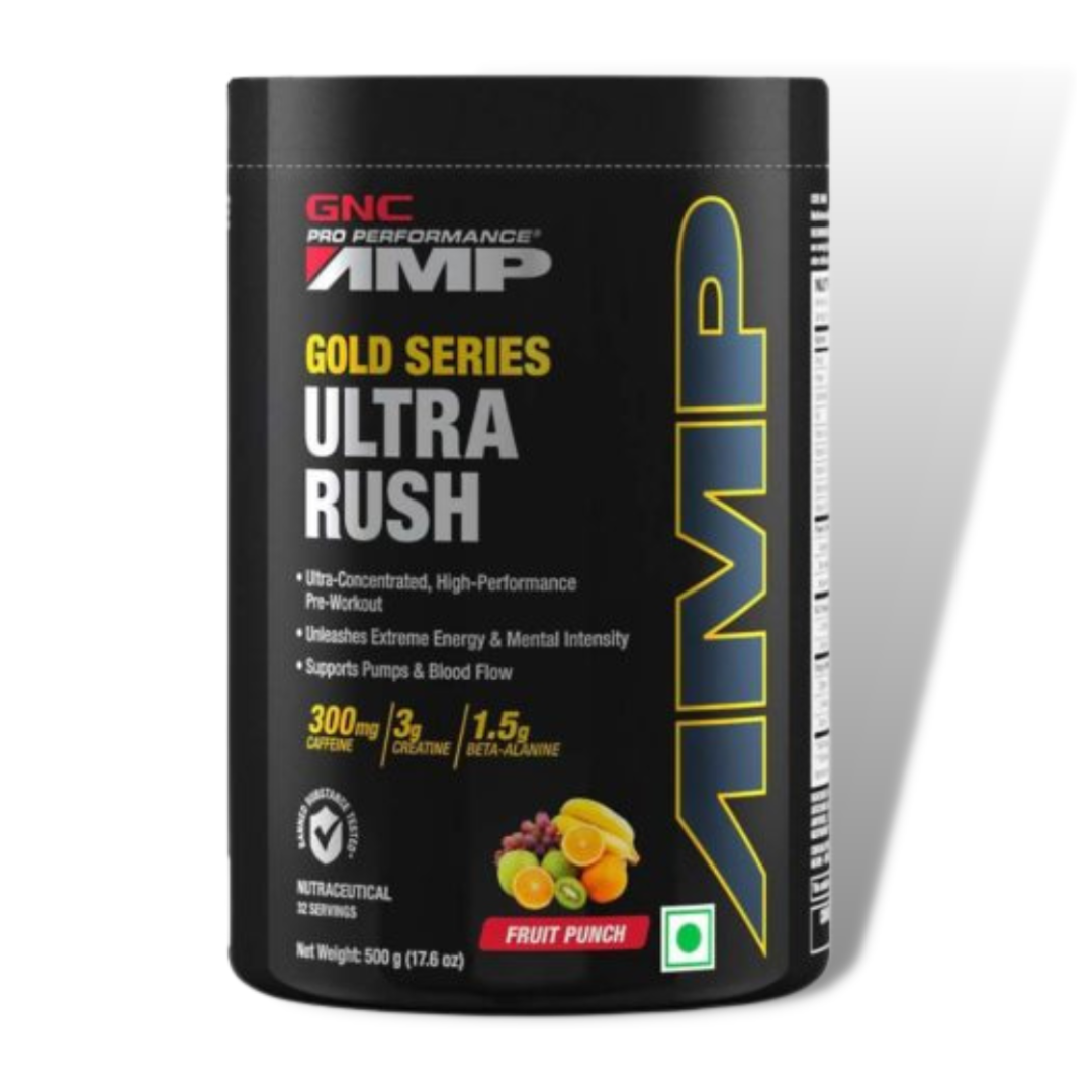 GNC Pro Performance AMP Gold Series Ultra Rush Pre Work Out 32 Serving Fruit Punch Flavor