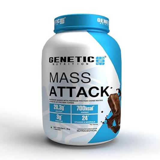 Genetic Nutrition Mass Attack | Muscle Mass Gainer 3g Creatine, 700kcal, 24 Vitamins & minerals per serving (Chocolate Fudge, 3kg)