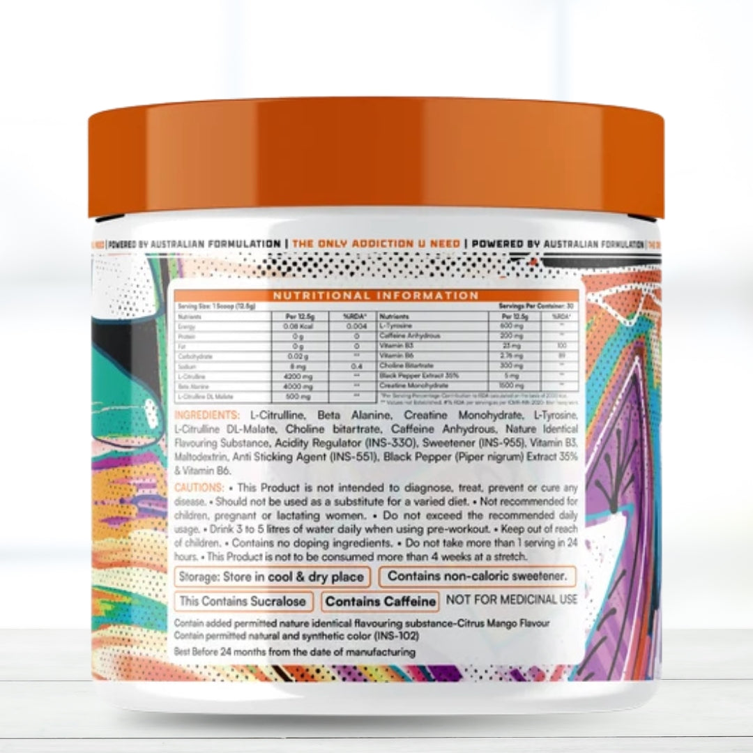 Hypernation Addiction Pre-Workout 375g | 30 Servings | Citrus Mango Flavour
