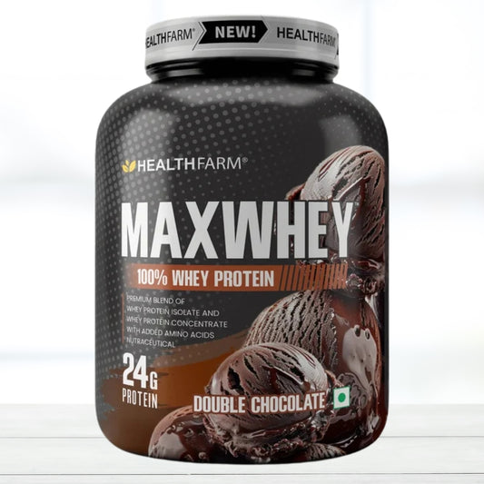 Healthfarm MaxWhey 24g Protein 2 KG Chocolate Flavoured Whey Protein - The Muscle Kart.com