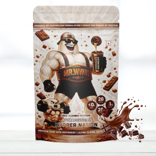 HYPPER NATION Mr. White Egg Albumin Protein Powder 1kg (26 Servings) | 25g Protein Per Serving | No Added Sugar | Gluten Free | Chocolate Crunchy Flavor