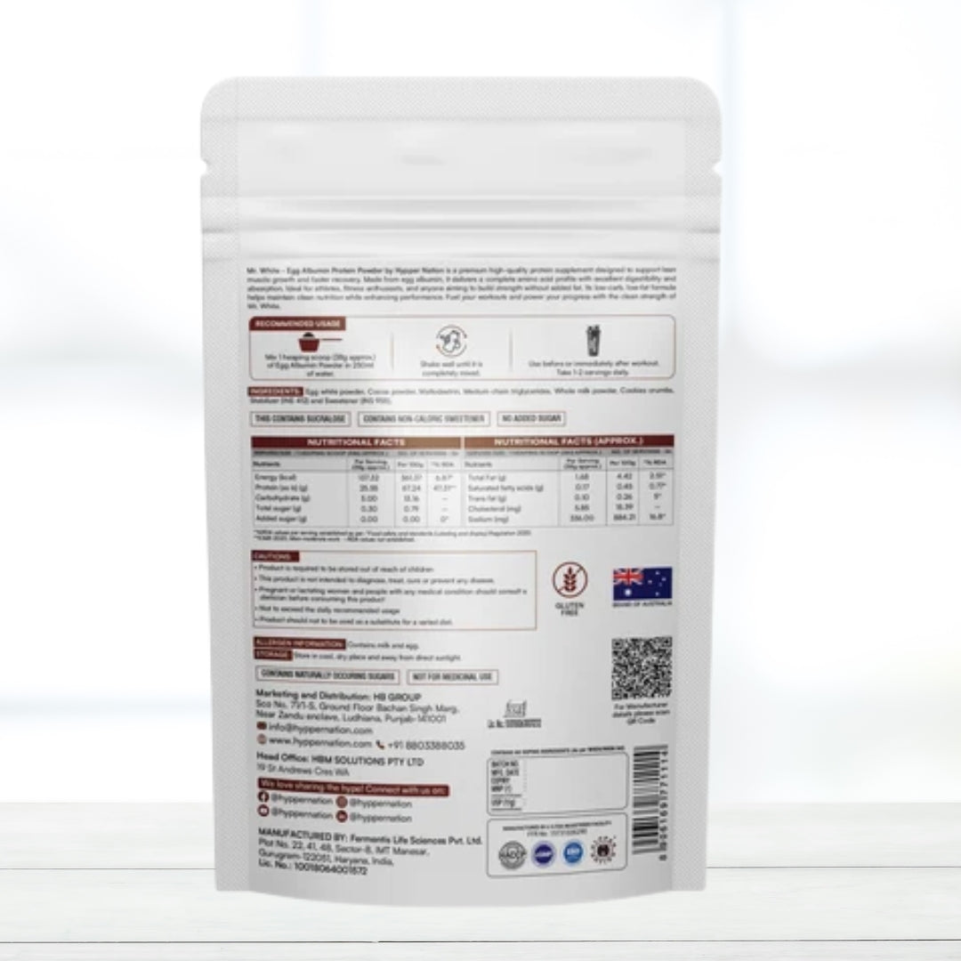 HYPPER NATION Mr. White Egg Albumin Protein Powder 1kg (26 Servings) | 25g Protein Per Serving | No Added Sugar | Gluten Free | Chocolate Crunchy Flavor