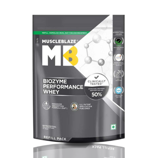 MuscleBlaze Biozyme Performance Whey Protein Powder, 1 kg (2.2 lb), Refill Pack Rich Chocolate - The Muscle Kart.com