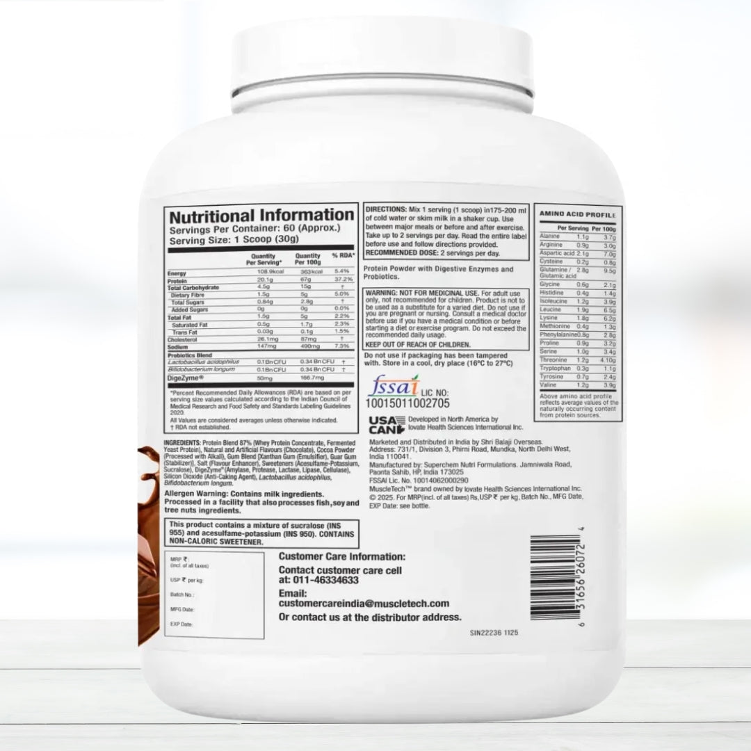 MuscleTech Advanced Whey Protein+ Triple Chocolate 1.81 kg | 20g Protein | 4.3g BCAAs | DigeZyme® & Probiotics | Muscle Recovery & Strength