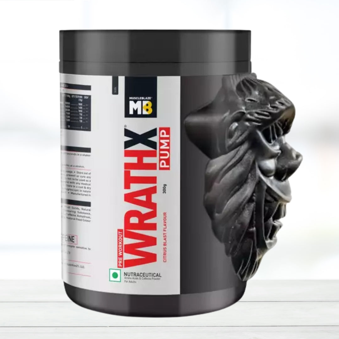 MuscleBlaze Pre Workout WrathX Pump | Nitrosigine & L-Citrulline | Citrus Blast | 300g | 30 Servings | Nitric Oxide Booster & Muscle Pump )