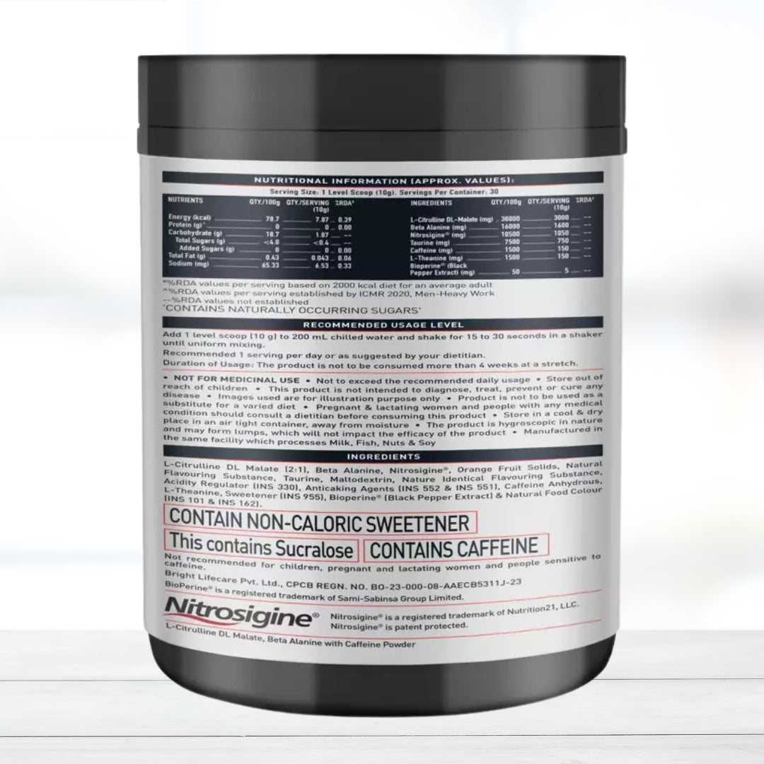 MuscleBlaze Pre Workout WrathX Pump | Nitrosigine & L-Citrulline | Citrus Blast | 300g | 30 Servings | Nitric Oxide Booster & Muscle Pump )