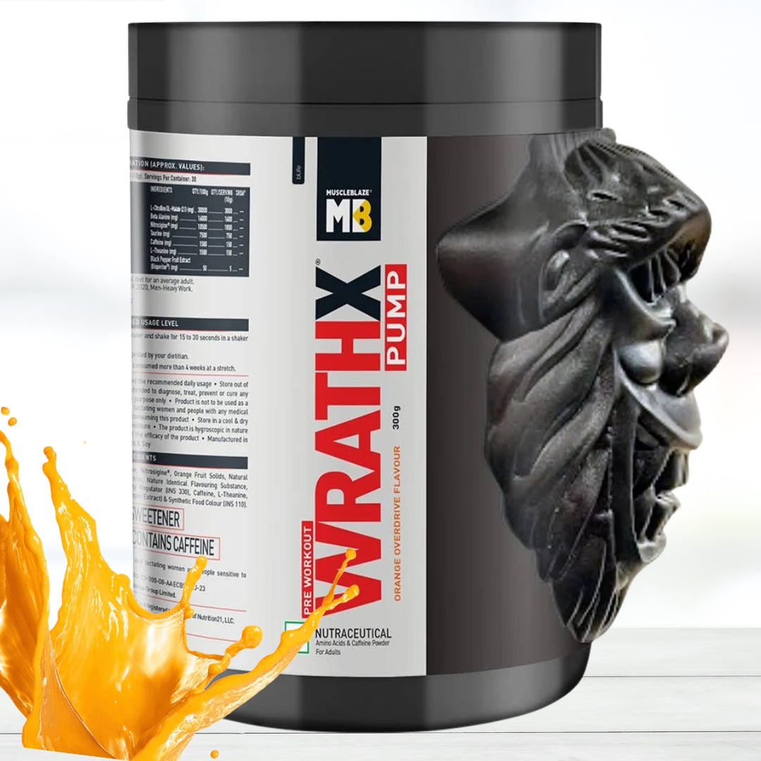 MuscleBlaze Pre Workout WrathX Pump | Nitrosigine & L-Citrulline | orange overdrive | 300g | 30 Servings | Nitric Oxide Booster & Muscle Pump
