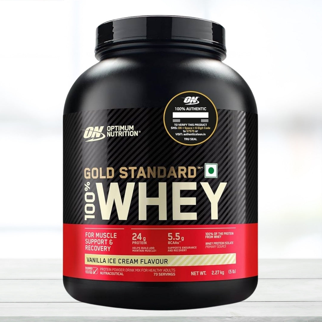 Optimum Nutrition Gold Standard 100% Whey Protein 5 lbs Vanilla Ice Cream - The Muscle Kart.com