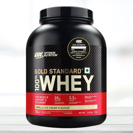 Optimum Nutrition Gold Standard 100% Whey Protein 5 lbs Vanilla Ice Cream - The Muscle Kart.com