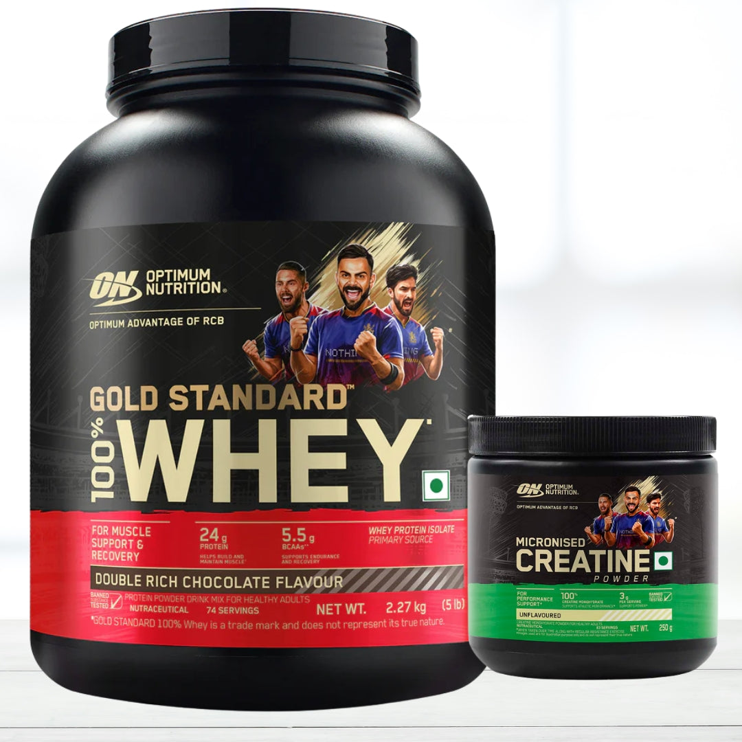 Optimum Nutrition (ON) Gold Standard 100% Whey Protein Powder 5 lbs Double Rich Chocolate + ON Micronized Creatine Powder 250g (83 Servings) Combo | 24g Protein | Muscle Recovery & Strength