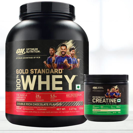 Combo Optimum Nutrition (ON) Gold Standard 100% Whey Protein Powder 5 lbs Double Rich Chocolate + ON Micronized Creatine Powder 250g (83 Servings) | 24g Protein | Muscle Recovery & Strength - The Muscle Kart.com