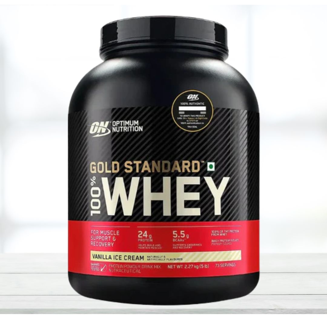 Optimum Nutrition (ON) Gold Standard 100% Whey Protein Powder – Vanilla Ice Cream Flavour – 2.27kg | Premium Whey Protein Blend