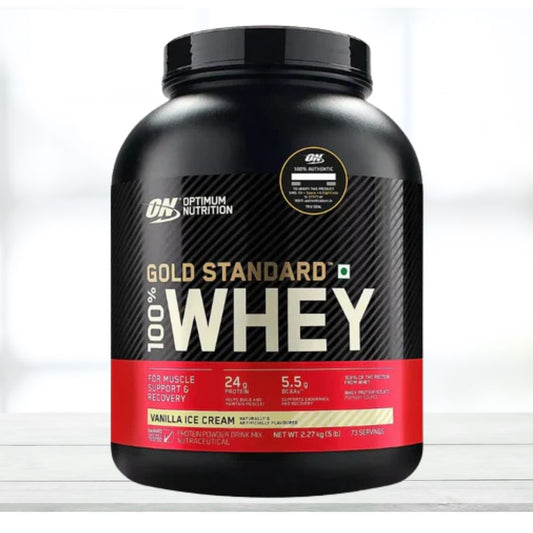 Optimum Nutrition (ON) Gold Standard 100% Whey Protein Powder – Vanilla Ice Cream Flavour – 2.27kg | Premium Whey Protein Blend - The Muscle Kart.com