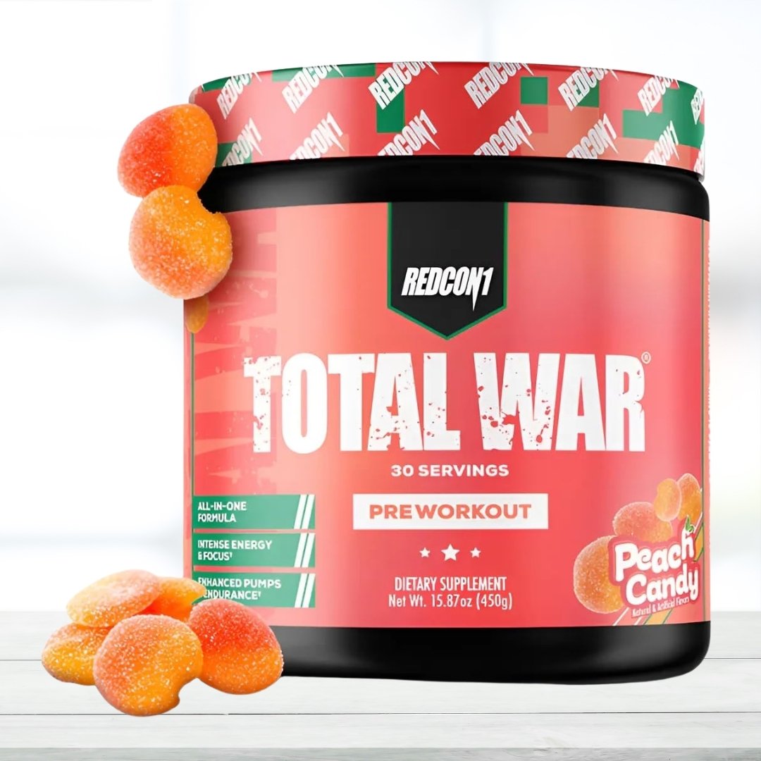 Redcon1 Total War Pre Workout Powder – 30 Servings | Energy, Focus & Performance Support | Peach Candy Flavour - The Muscle Kart.com