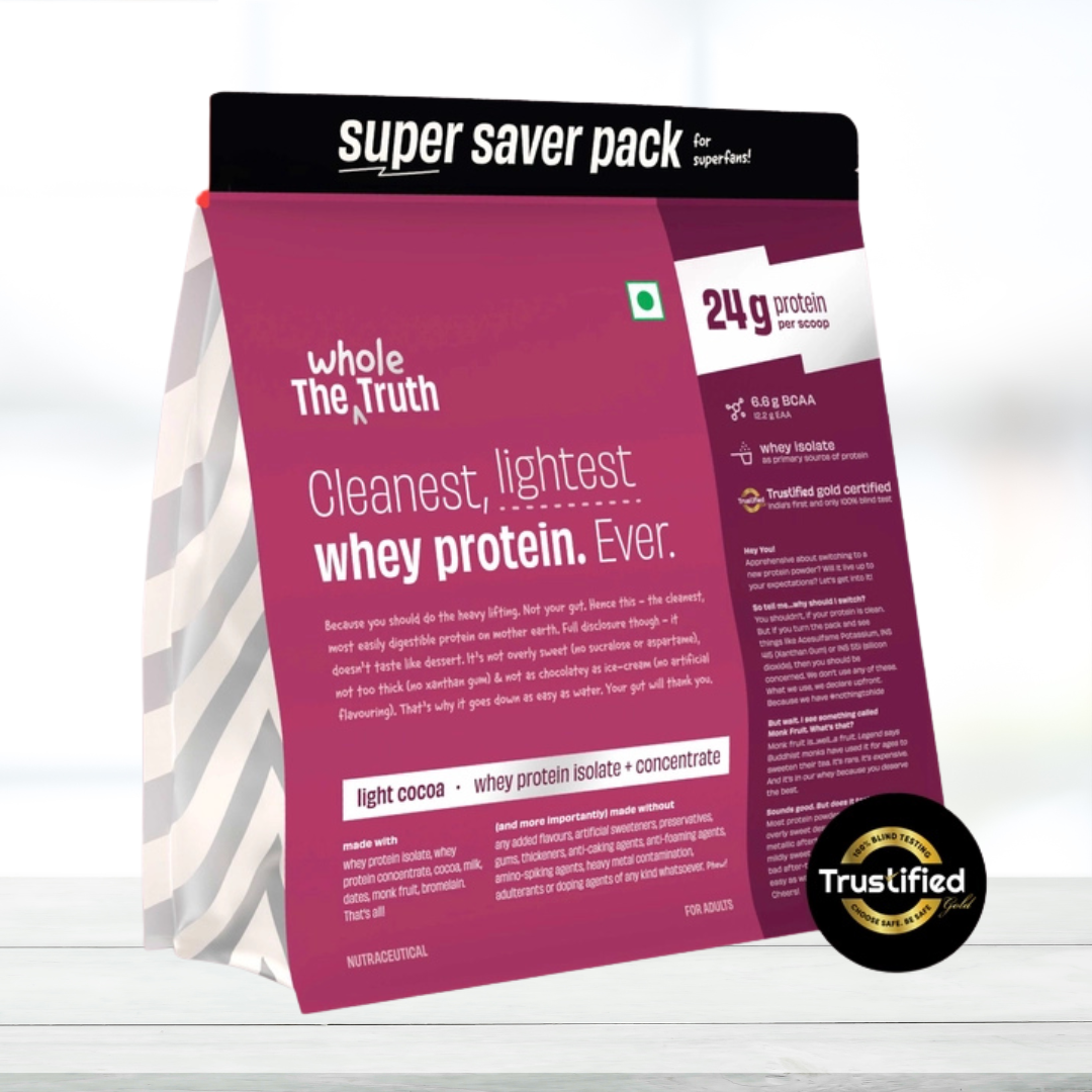 The Whole Truth Whey Protein Isolate + Concentrate 2kg – Light Cocoa Flavor, 2 x 1kg Pack | High Protein, Muscle Recovery, Fitness Supplement
