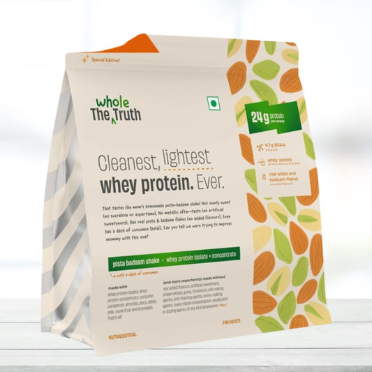 The Whole Truth Whey Protein Isolate + Concentrate 2kg (Pack of 2 x 1kg, Pista Badam Shake Flavour)