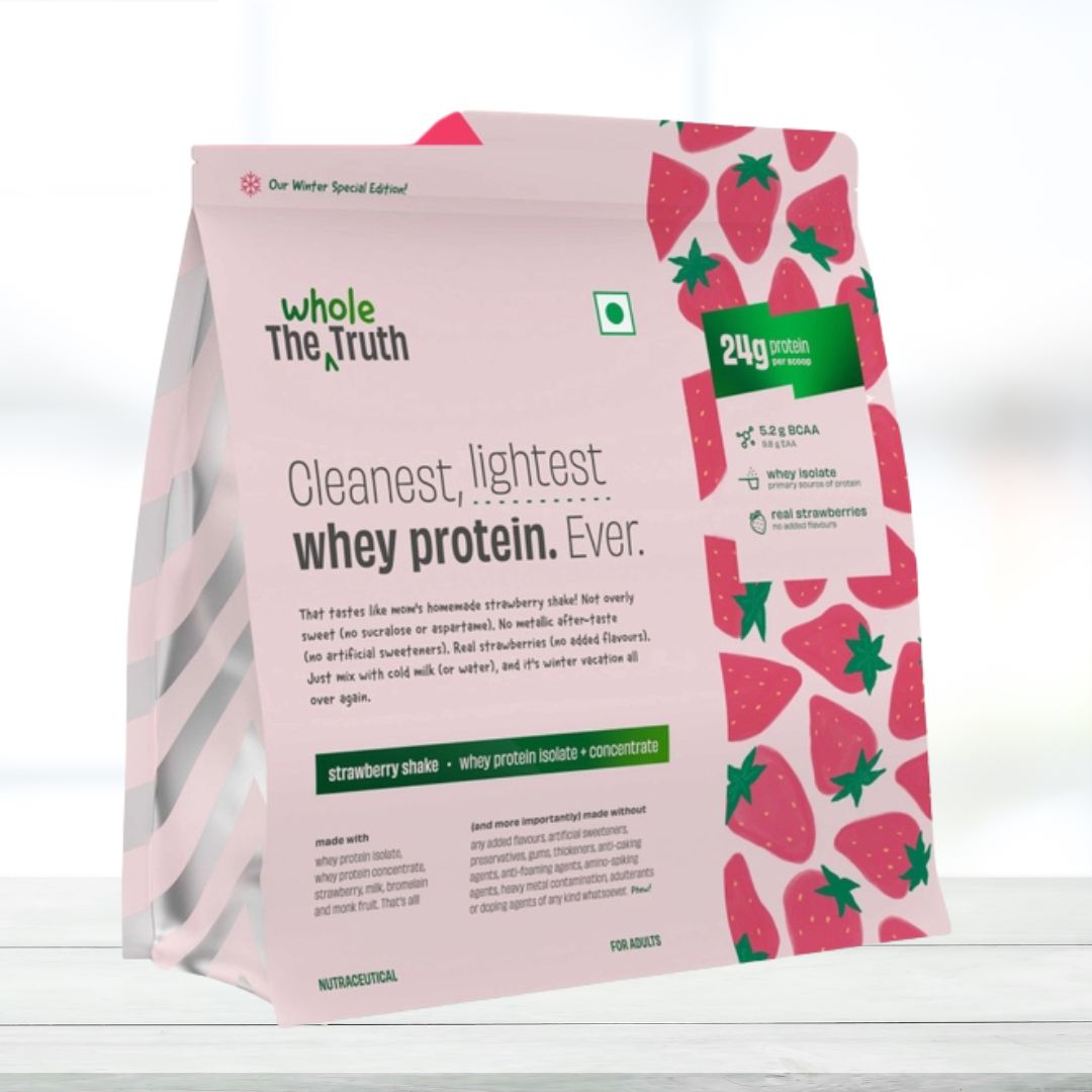 The Whole Truth Whey Protein Isolate + Concentrate 2kg (Pack of 2, 1kg Each) – Strawberry Shake Flavour