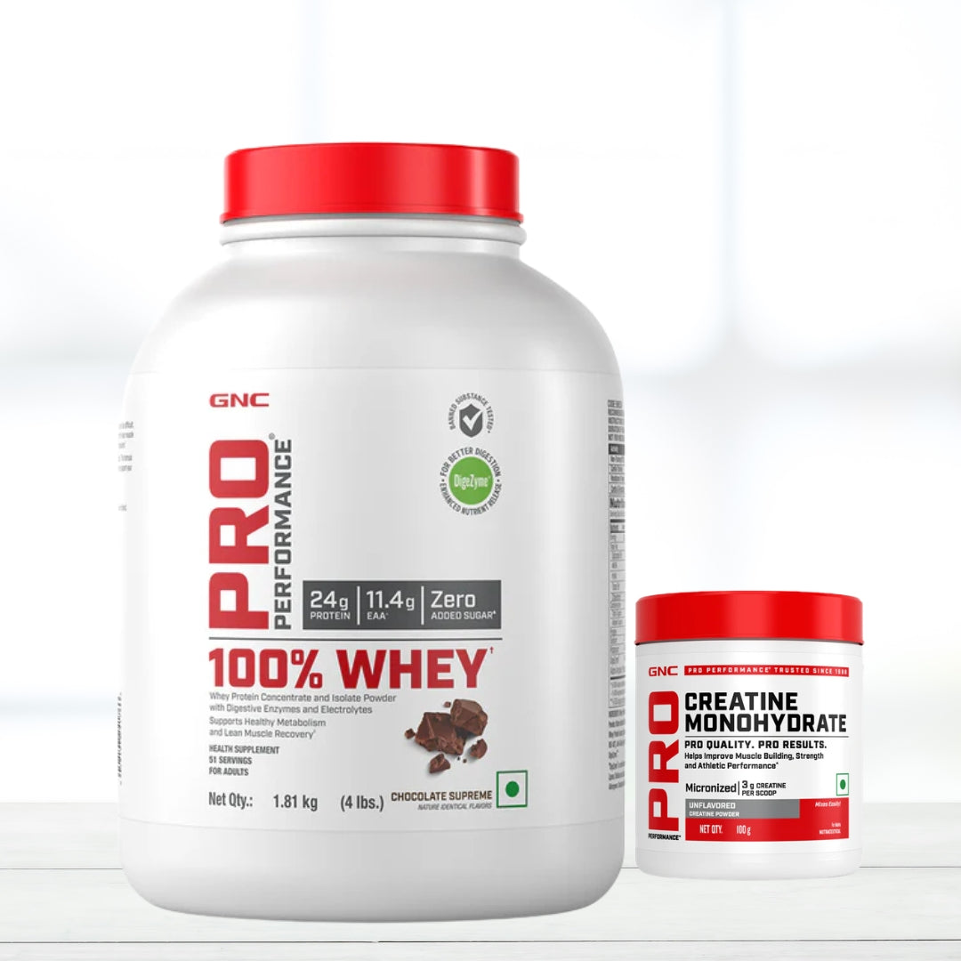 GNC Pro Performance Whey Protein 2kg + GNC Creatine Monohydrate 100g Combo | High Protein, Muscle Recovery & Strength Support