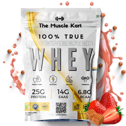 The Muscle Kart 100% True Engineered Whey 1 kg Strawberry Caramel (4 Certifications With Lab Test Report)