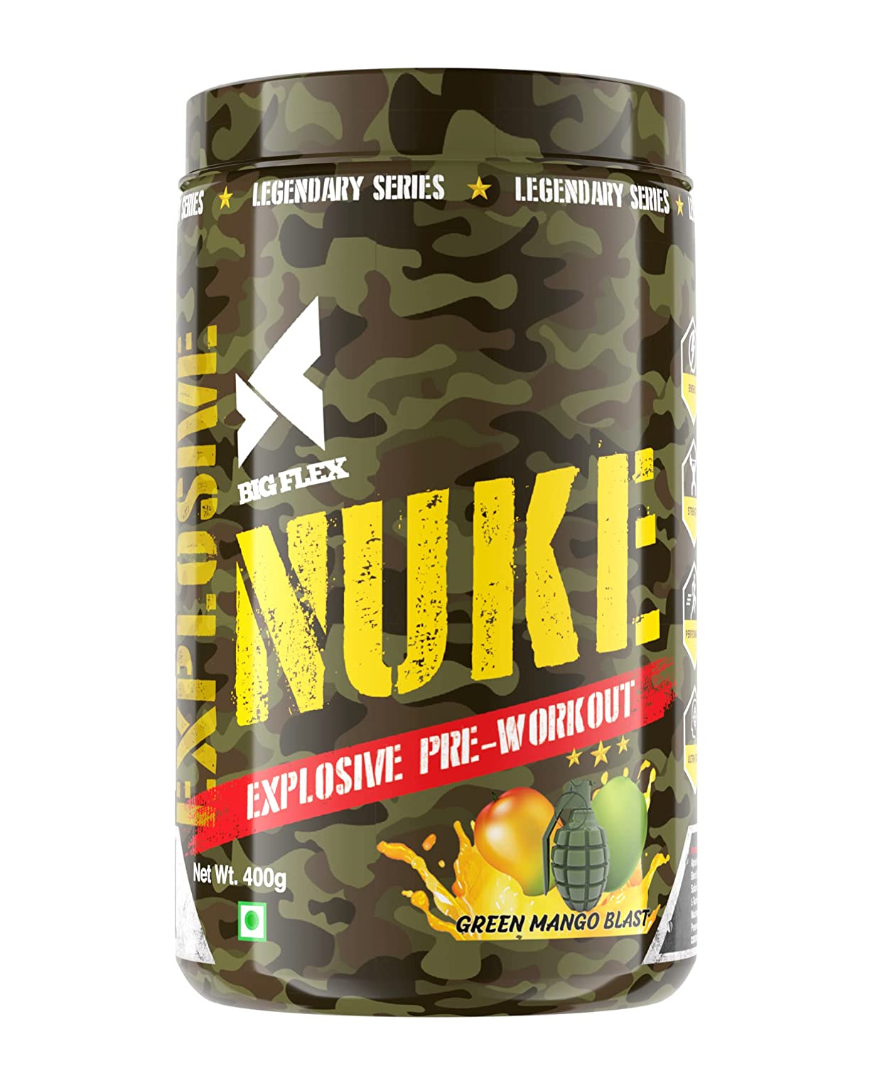 Bigflex Nuke Pre Workout, 400Gm [ Green Mango ] | 300Mg Caffeine | 3000Mg L-Citulline | 1500Mg AAKG | Insane Pump | 33 Servings