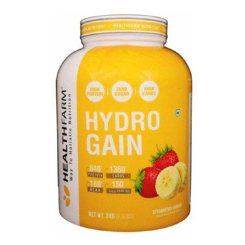 Healthfarm Hydro Gain Muscle Mass Gainer|84g Protein|136g Carbs 3kg,Flavour-Strawberry Banana - The Muscle Kart.com