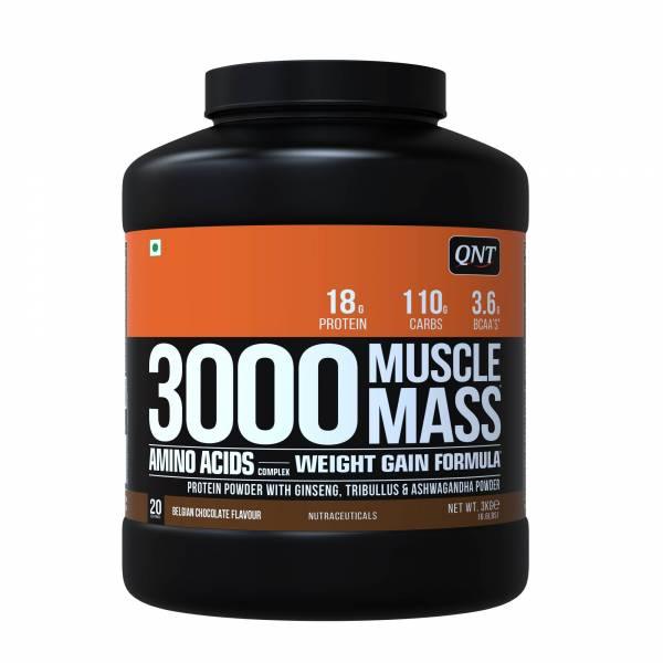 QNT Muscle Mass 3000, Weight Gainer Supplement, 3kg Belgian Chocolate - The Muscle Kart.com