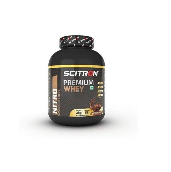 Scitron Nitro Series PREMIUM WHEY (21g Protein, 6.4g BCAAs, 13.4g EAAs, 0g Sugar, 58 Servings) - 2kg (Rich Chocolate) - The Muscle Kart.com
